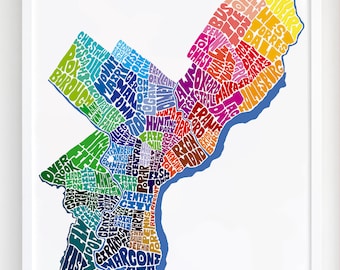 Philadelphia neighborhood map art print, Signed print of my original hand drawn Philadelphia typography map art