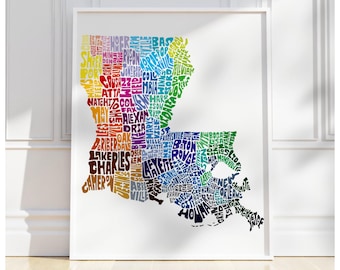 Louisiana map art, Louisiana art print, print of my original hand drawn Louisiana typography art, Louisiana gift, multiple colors available