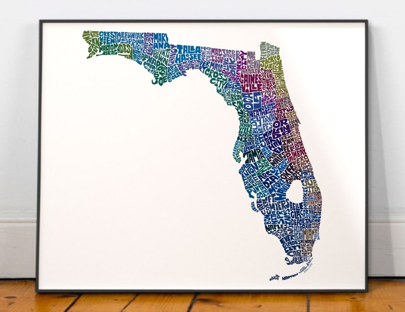 Florida map art, Florida map print, Florida art print, Print of my original hand-inked Florida typography illustration Blue Tones (pic 4)