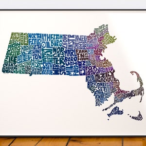 Massachusetts map art, Massachusetts art print, signed print of my original hand drawn Massachusetts map art Blue Tones (pic 3)