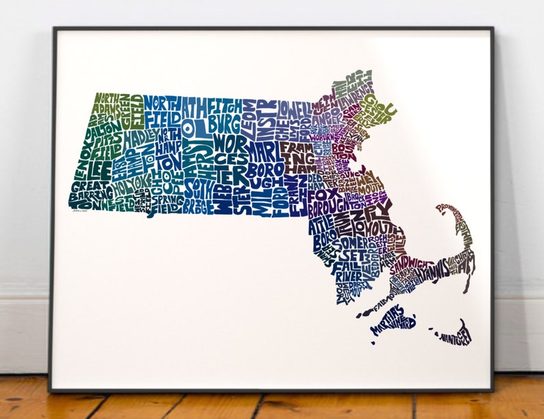 Massachusetts map art, Massachusetts art print, signed print of my original hand drawn Massachusetts map art Blue Tones (pic 3)