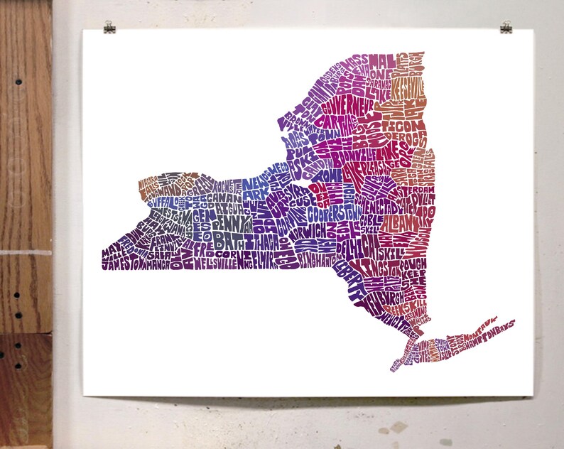 New York map art, New York art print, print of my original hand drawn New York typography art, New York gift, multiple colors available Purple Tones