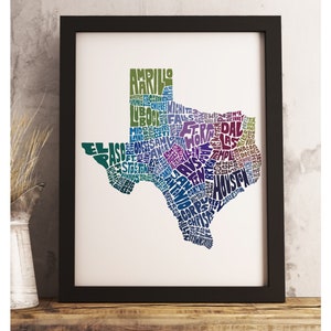 Texas art print FRAMED, Texas map art, available in several colors and sizes, Texas decor, Texas wall art Blue Tones