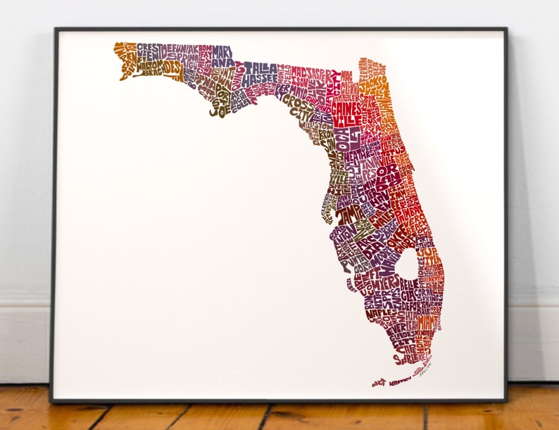 Florida map art, Florida map print, Florida art print, Print of my original hand-inked Florida typography illustration Red Tones (pic 6)