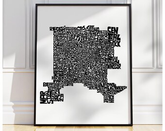 Denver neighborhood map print, Denver art print, signed print of my original hand-drawn Denver typography map art, other colors available