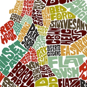 Brooklyn Neighborhood Map Art Print, Signed Print of my Original Hand-drawn Brooklyn Typography Map Art
