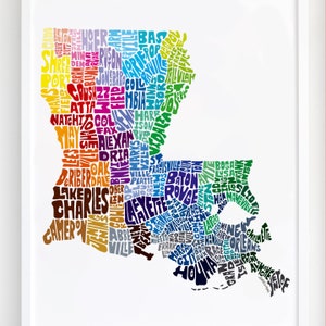 Louisiana map art, Louisiana art print, signed print of my original hand drawn Louisiana map art