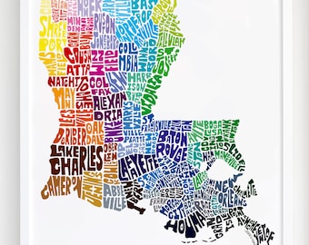 Louisiana map art, Louisiana art print, signed print of my original hand drawn Louisiana map art