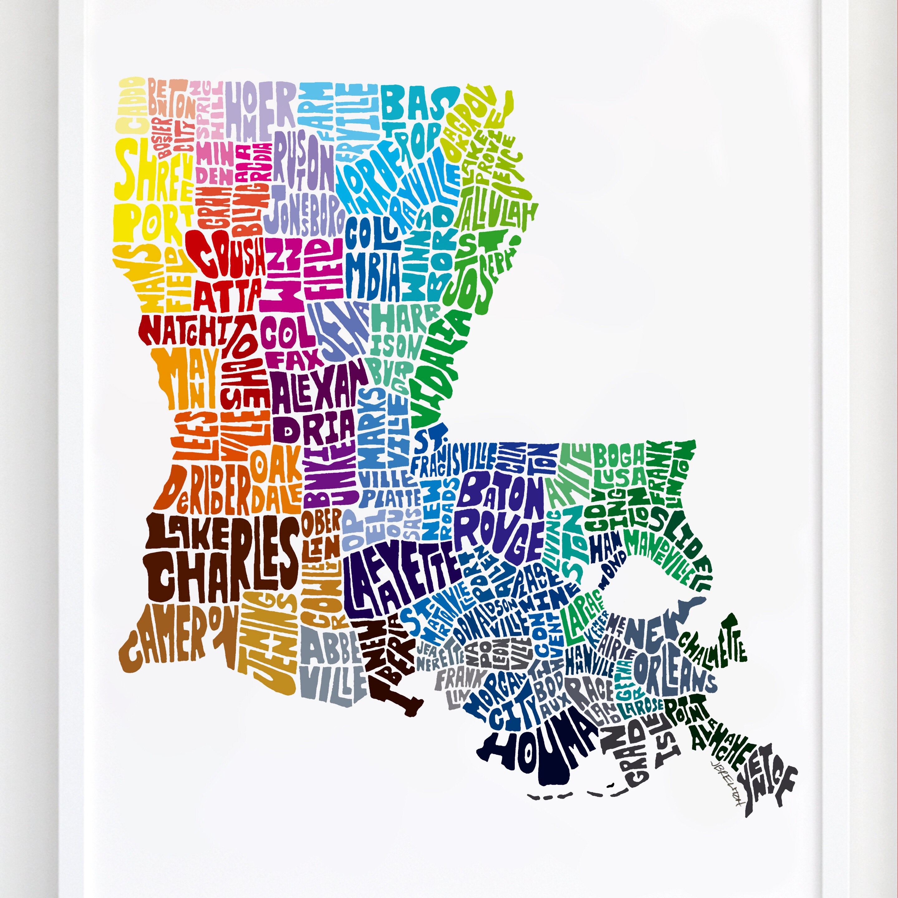 Louisiana map art, Louisiana art print, signed print of my original hand drawn Louisiana map art