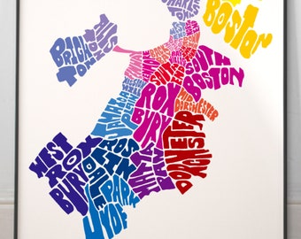 Boston neighborhood map art print, Signed print of my original hand drawn Boston typography map art