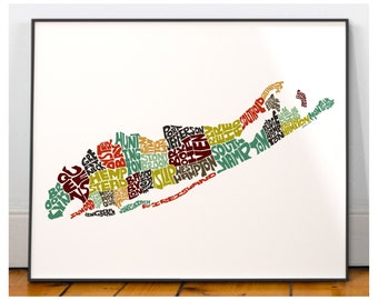 Long Island neighborhood map print, Signed print of my original hand drawn Long Island typography map art