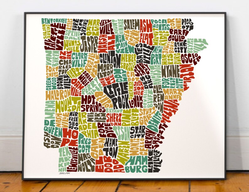 Arkansas map art, Arkansas map print, Arkansas art print, Print of my original hand-inked Arkansas typography illustration Earth Tones (pic 2)