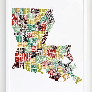 Louisiana map art, Louisiana art print, signed print of my original hand drawn Louisiana map art