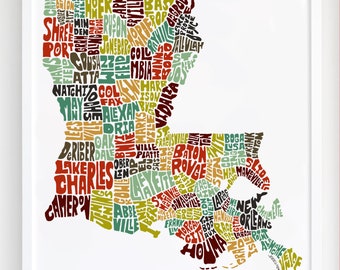 Louisiana map art, Louisiana art print, signed print of my original hand drawn Louisiana map art