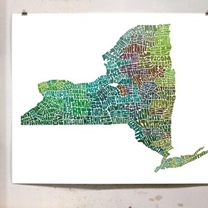 New York map art, New York art print, print of my original hand drawn New York typography art, New York gift, multiple colors available Green Tones