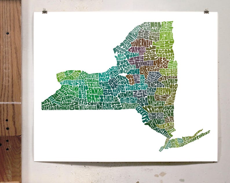New York map art, New York art print, print of my original hand drawn New York typography art, New York gift, multiple colors available Green Tones