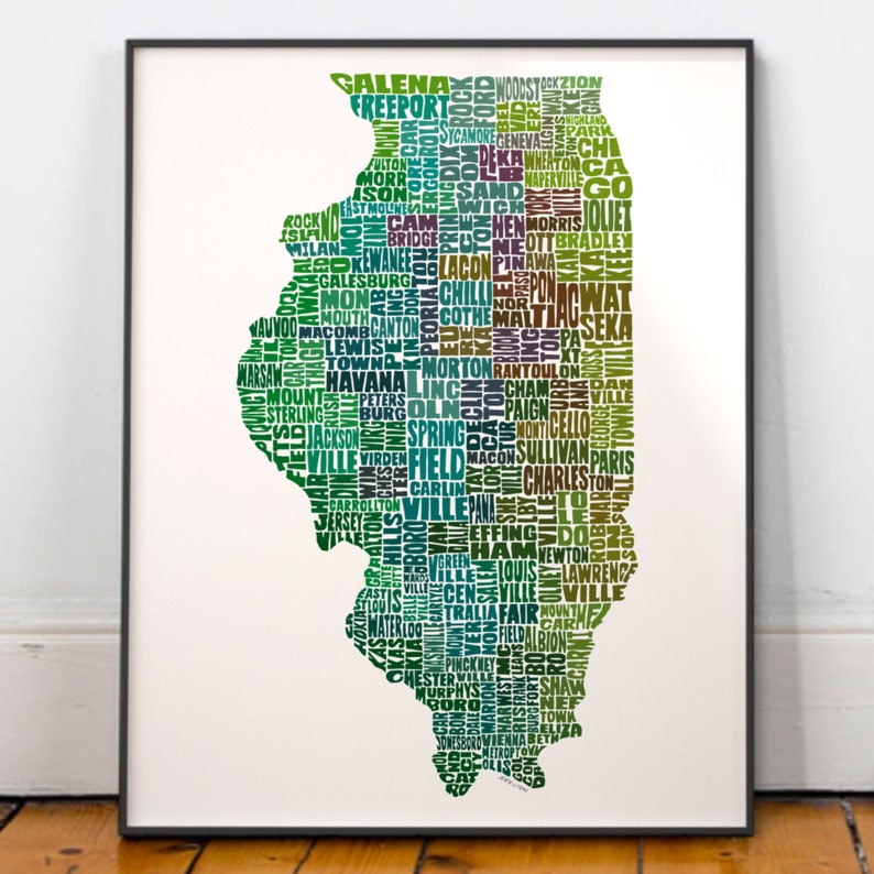 Illinois map art, Illinois art print, signed print of my original hand drawn Illinois map art Green Tones (pic 4)