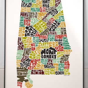 Alabama map art, Alabama art print, signed print of my original hand drawn Alabama map art