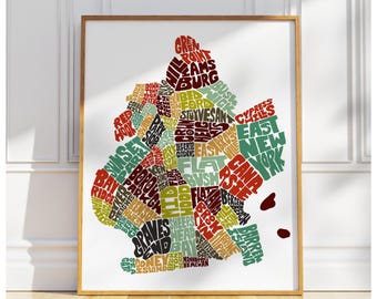 Brooklyn neighborhood map print, Signed print of my original hand drawn Brooklyn typography map art