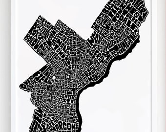 Philadelphia neighborhoods map art, Philadelphia map print, Philadelphia art print, Print of my original hand-inked Philadelphia decor