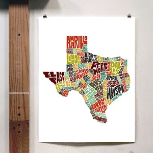 Texas map art, Texas art print, signed print of my original hand drawn Texas map art Earth Tones