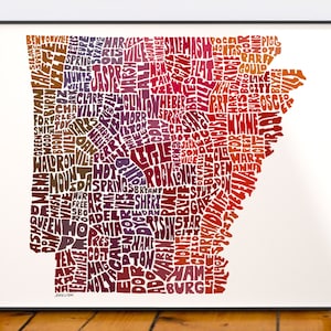 Arkansas map art, Arkansas map print, Arkansas art print, Print of my original hand-inked Arkansas typography illustration Red Tones (pic 6)