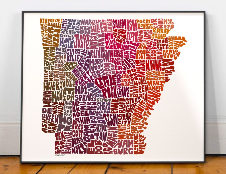 Arkansas map art, Arkansas map print, Arkansas art print, Print of my original hand-inked Arkansas typography illustration Red Tones (pic 6)