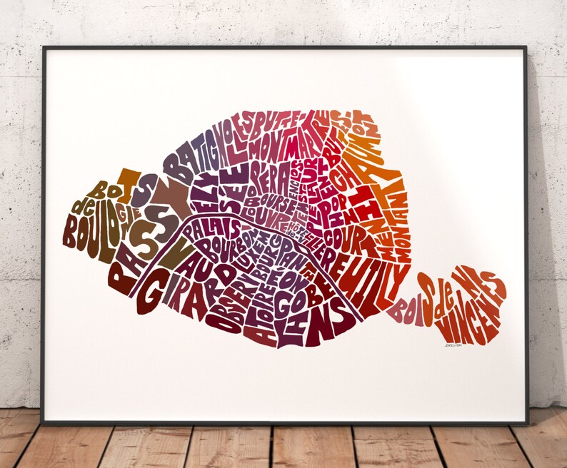 Paris art print signed print of my original hand drawn Paris typography map art Paris map art