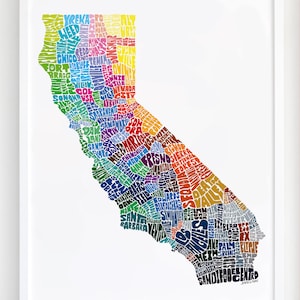 California map art, California art print, signed print of my original hand drawn California map art