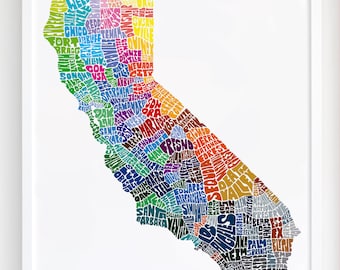 California map art, California art print, signed print of my original hand drawn California map art