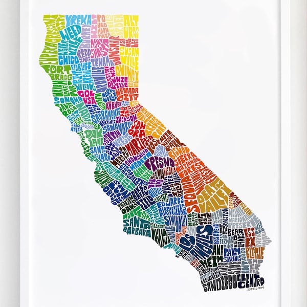 California map art, California art print, signed print of my original hand drawn California map art