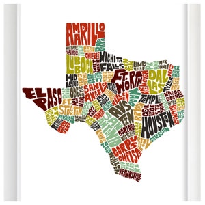Texas map art print, Texas art & maps, signed print of my original hand drawn Texas map art, Texas decor, Texas gift