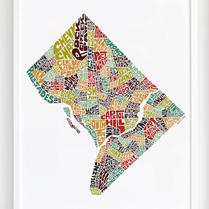 Washington DC neighborhood map print, Signed print of my original hand drawn Washington DC typography map art