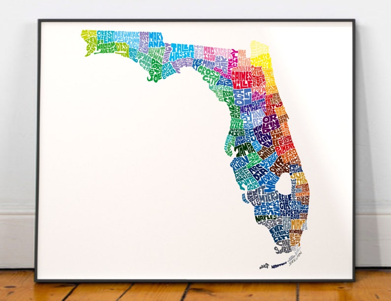 Florida map art, Florida map print, Florida art print, Print of my original hand-inked Florida typography illustration Rainbow (pic 3)