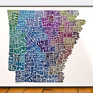 Arkansas map art, Arkansas map print, Arkansas art print, Print of my original hand-inked Arkansas typography illustration Blue Tones (pic 4)