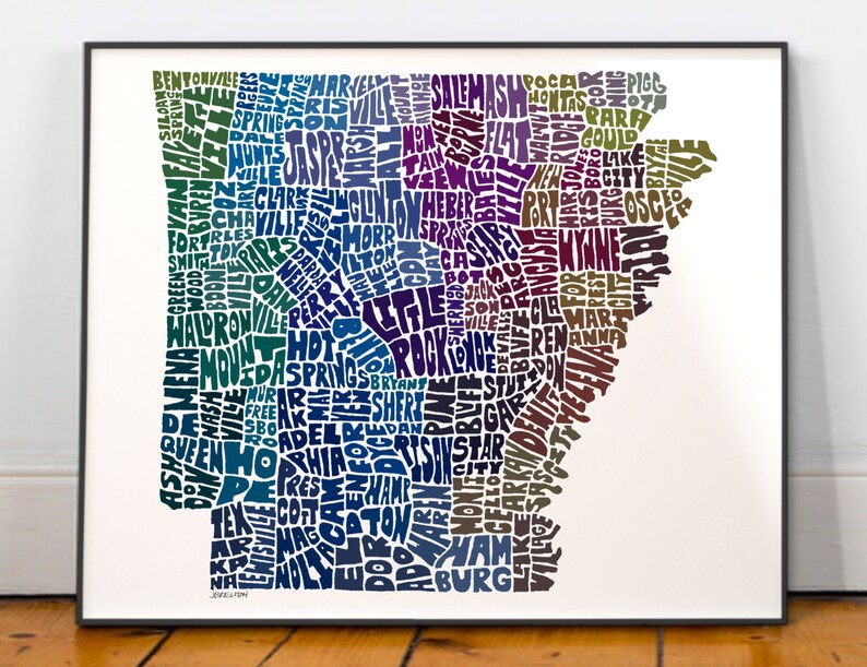 Arkansas map art, Arkansas map print, Arkansas art print, Print of my original hand-inked Arkansas typography illustration Blue Tones (pic 4)