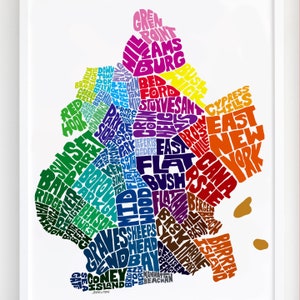 Brooklyn neighborhood map art print, Signed print of my original hand drawn Brooklyn typography map art
