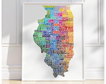 Illinois map art, Illinois art print, print of my original hand drawn Illinois typography art, Illinois gift, multiple colors available