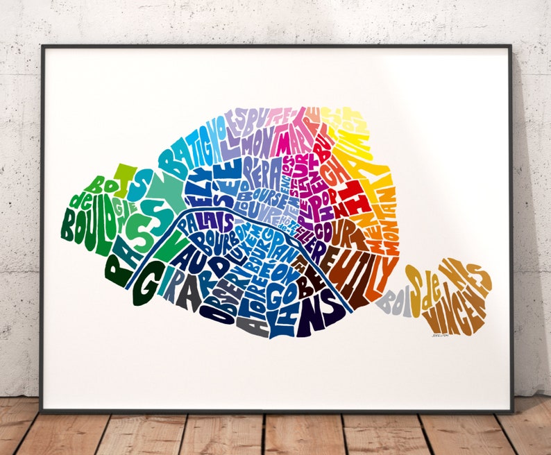Paris art print signed print of my original hand drawn Paris typography map art Paris map art