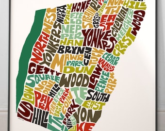 Yonkers neighborhood map print, Signed print of my original hand drawn Yonkers typography map art