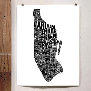 Manhattan neighborhood map print, Manhattan art print, signed print of original hand-drawn Manhattan typography art, many colors available Black & White