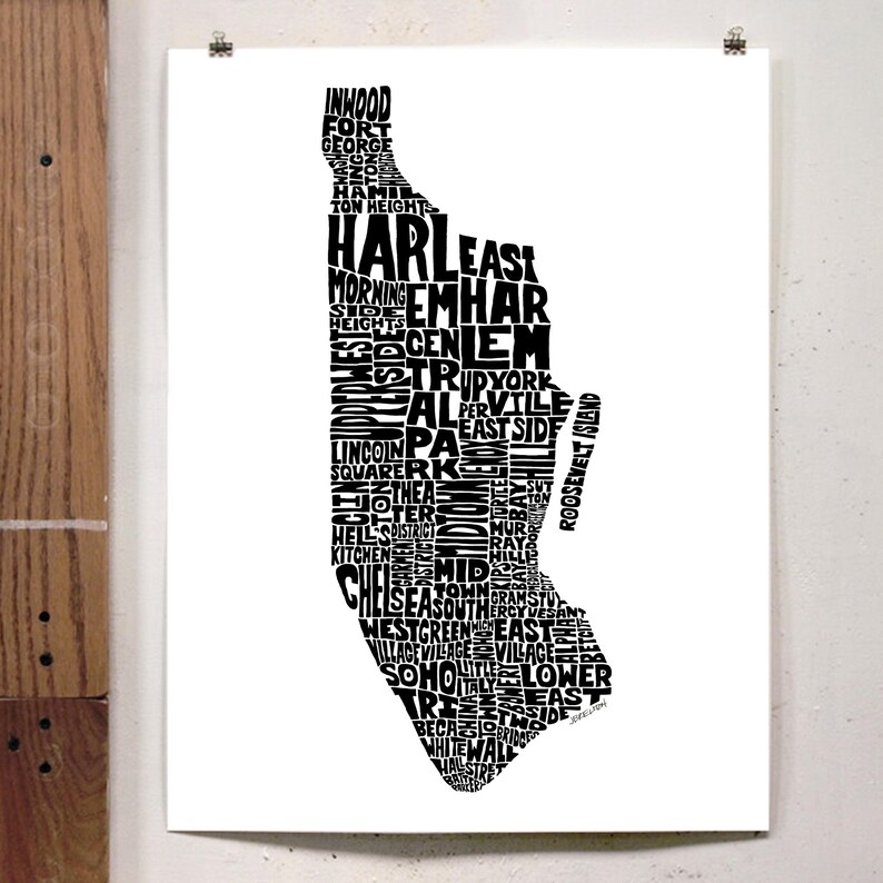 Manhattan neighborhood map print, Manhattan art print, signed print of original hand-drawn Manhattan typography art, many colors available Black & White
