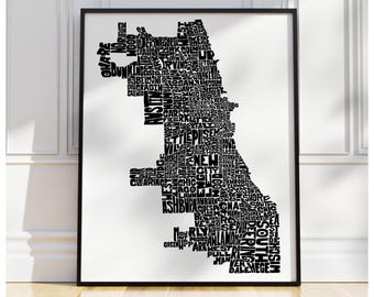Chicago neighborhood map print, Chicago art print, signed print of my original hand-drawn Chicago typography map art, other colors available
