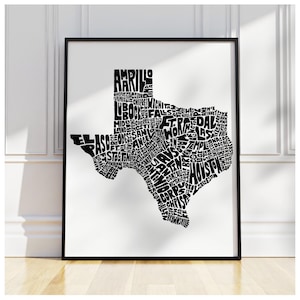 Texas map art, Texas art print, print of my original hand drawn Texas typography, Texas decor, multiple colors available