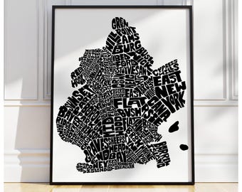 Brooklyn neighborhood map print, Brooklyn art print, signed print of my original hand-drawn Brooklyn typography art, other colors available