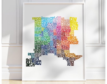 Denver neighborhood map art print, Signed print of my original hand drawn Denver typography map art