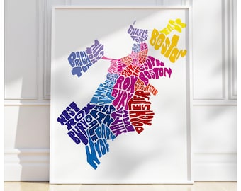 Boston neighborhood map art print, Signed print of my original hand drawn Boston typography map art