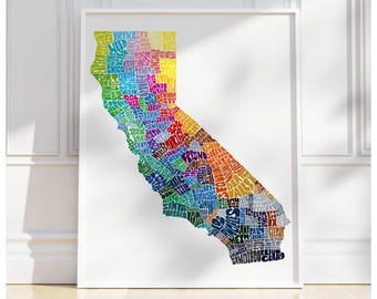 California map art, California art print, print of my original hand drawn California typography art, California gift, many colors available