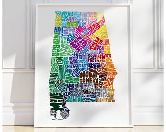 Alabama map art, Alabama art print, print of my original hand drawn Alabama typography art, Alabama gift, multiple colors available