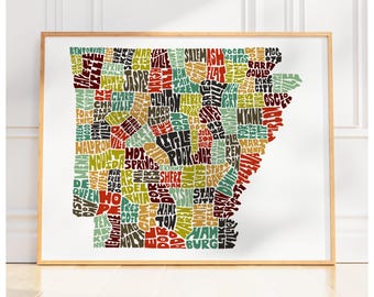 Arkansas map art, Arkansas art print, signed print of my original hand drawn Arkansas typography art